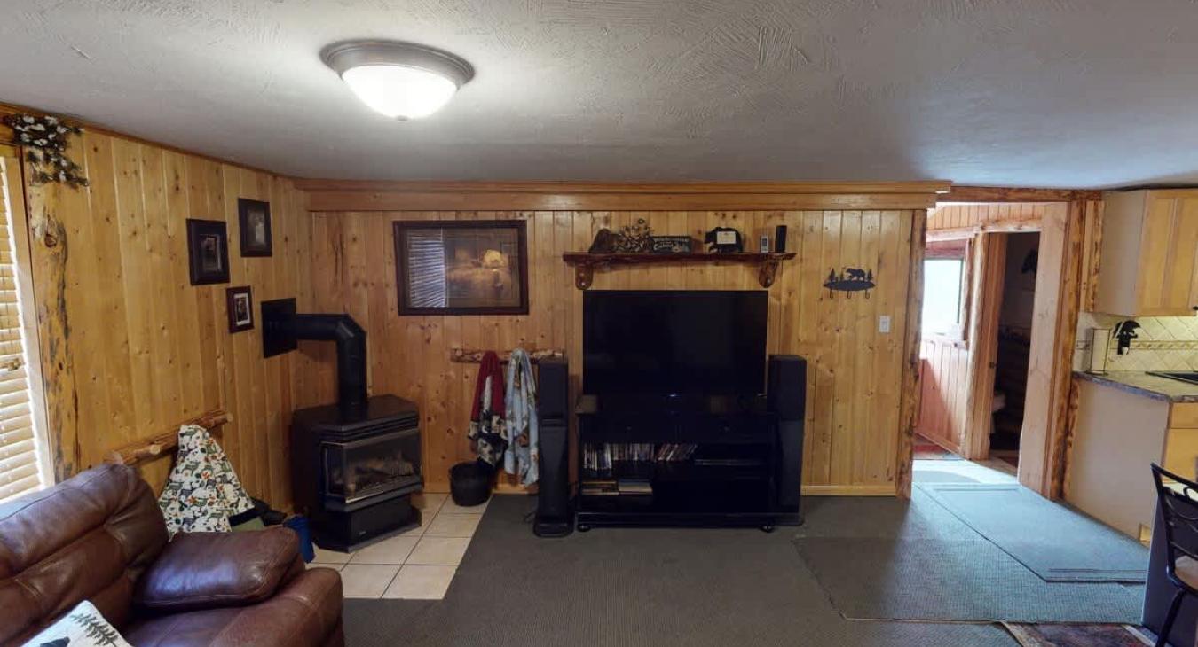 Living room is equipped with seating and a fireplace.