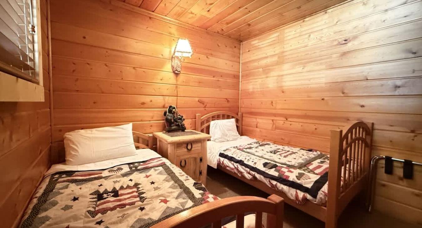 Dual twin bedroom with a tv and gaming system.