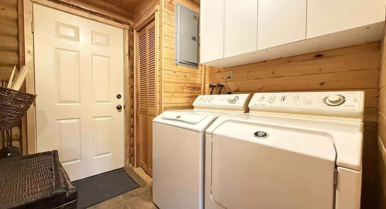 Full size washer and dryer with laundry soap provided.
