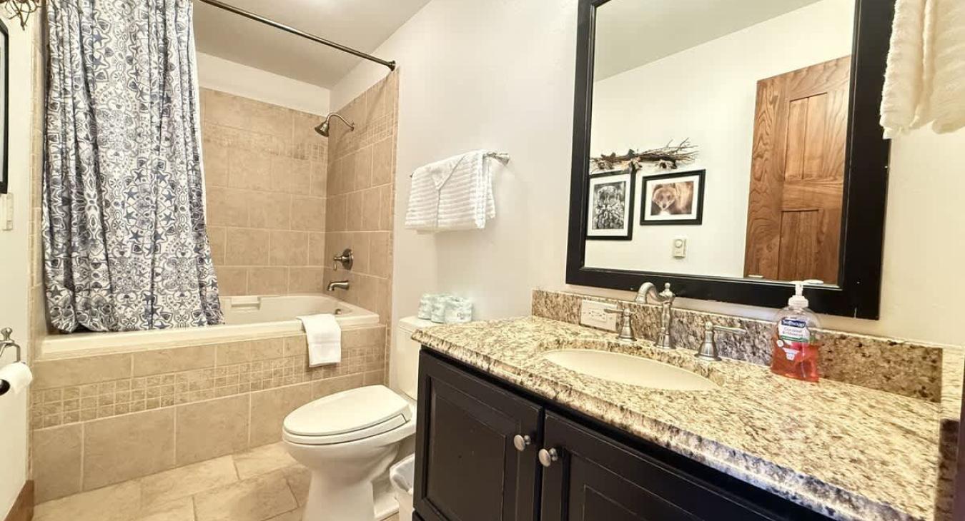 Bathroom #1 on the main level with large tub/shower, toilet, and sink.