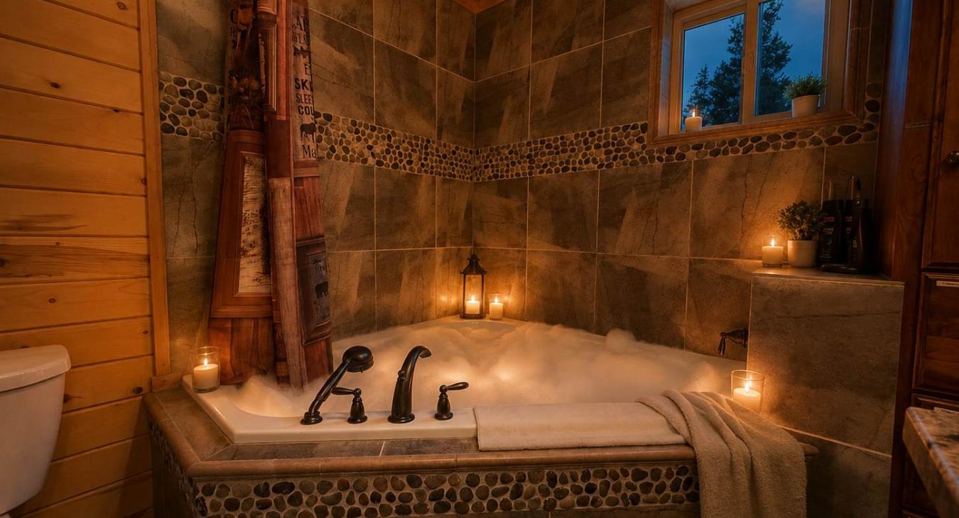 Indulge in a luxurious, candlelit bubble bath in the deep soaking tub, surrounded by beautiful custom tile work and warm natural wood walls.
