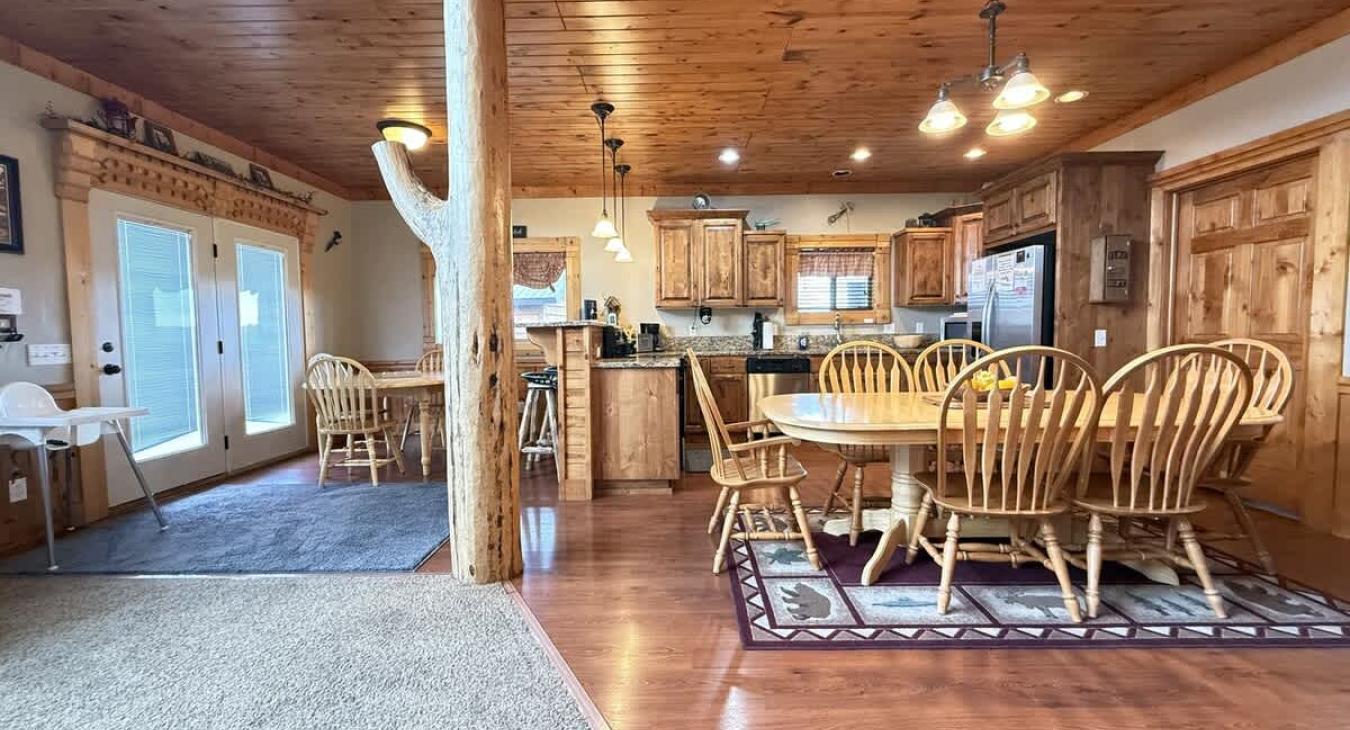 The kitchen flows right into the dining area.
