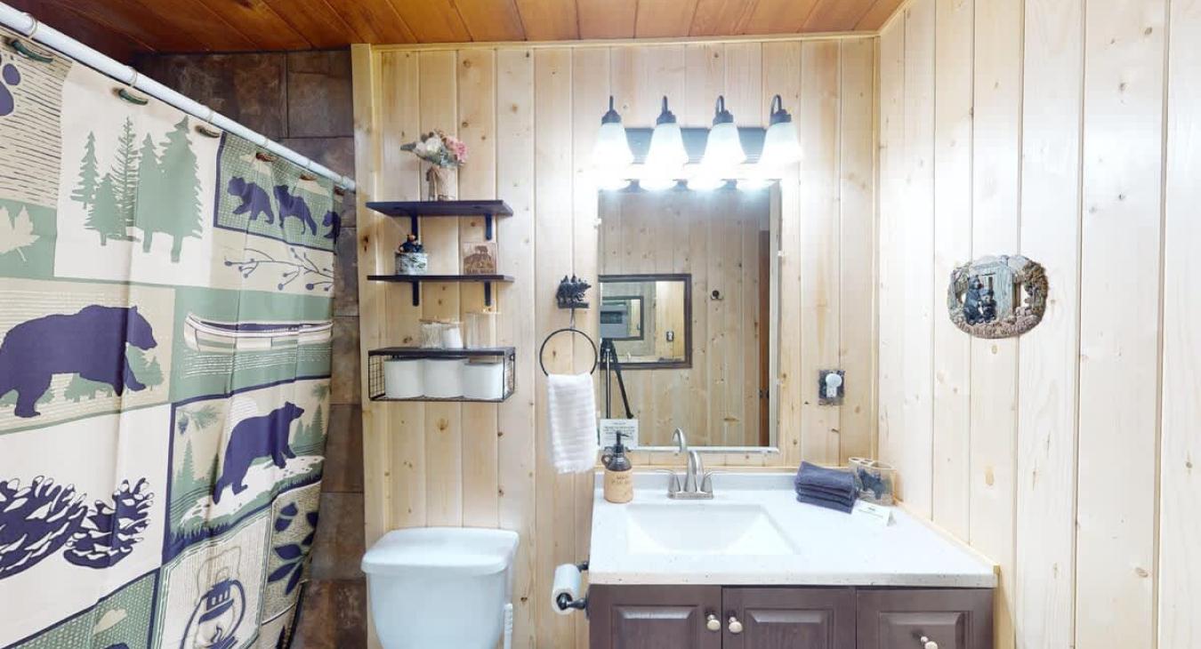 Full bathroom with a shower tub combo, sink vanity, and a toilet.