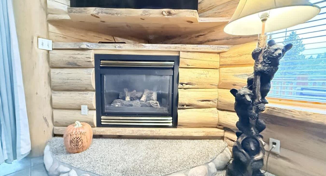 Living room fireplace to enjoy during the cold months.