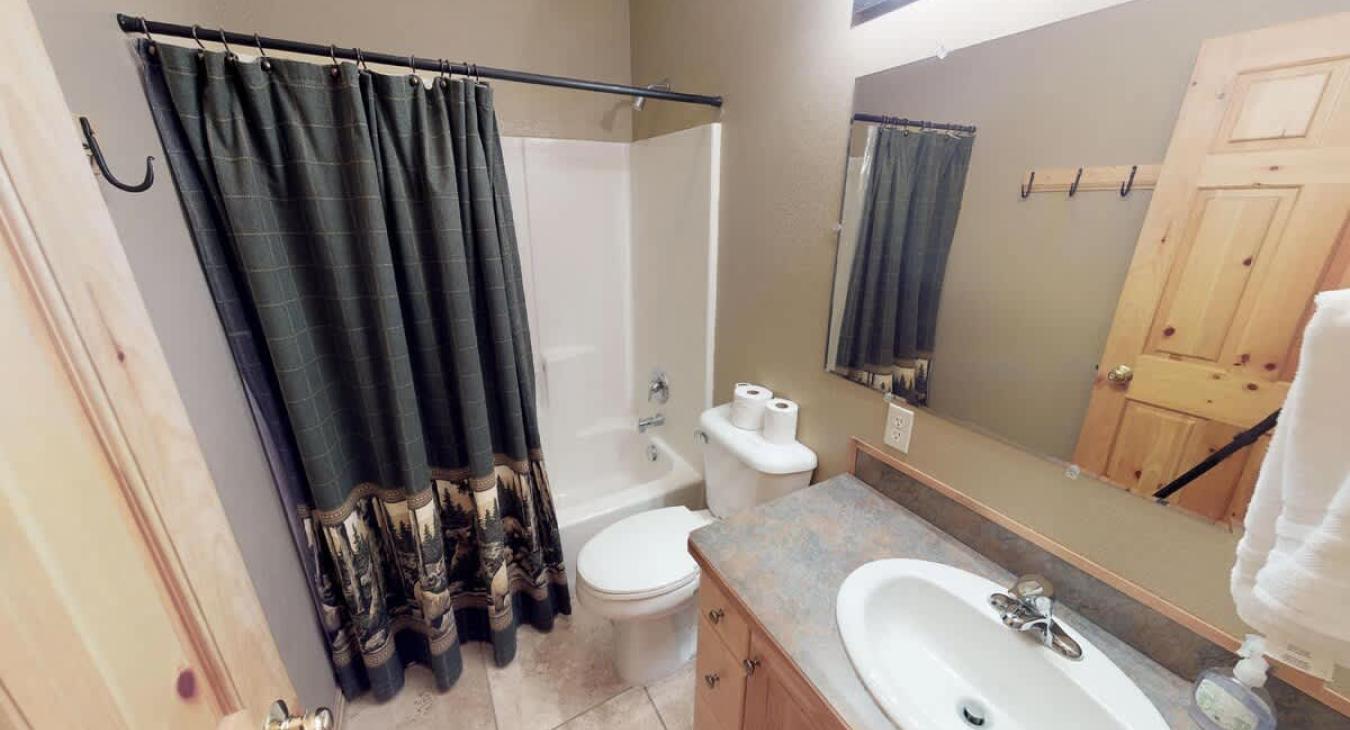 The second bathroom located in the main hallway. With a vanity sink, mirror, toilet, and shower tub combo.