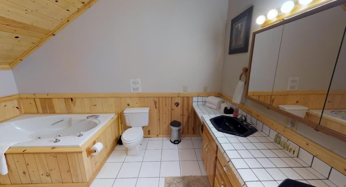 Ensuite bathroom in the master bedroom with tub, double sink vanity, toilet, and standing shower.