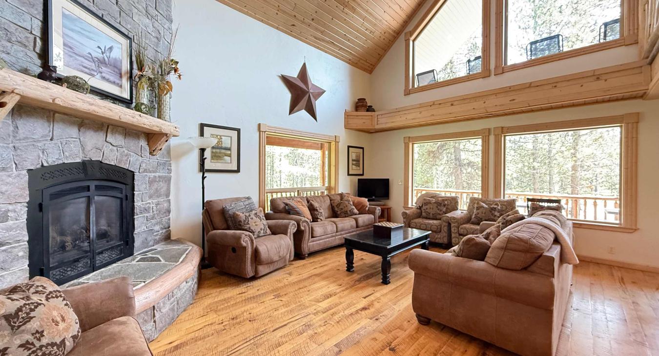 Open great room next to the kitchen and dining area.