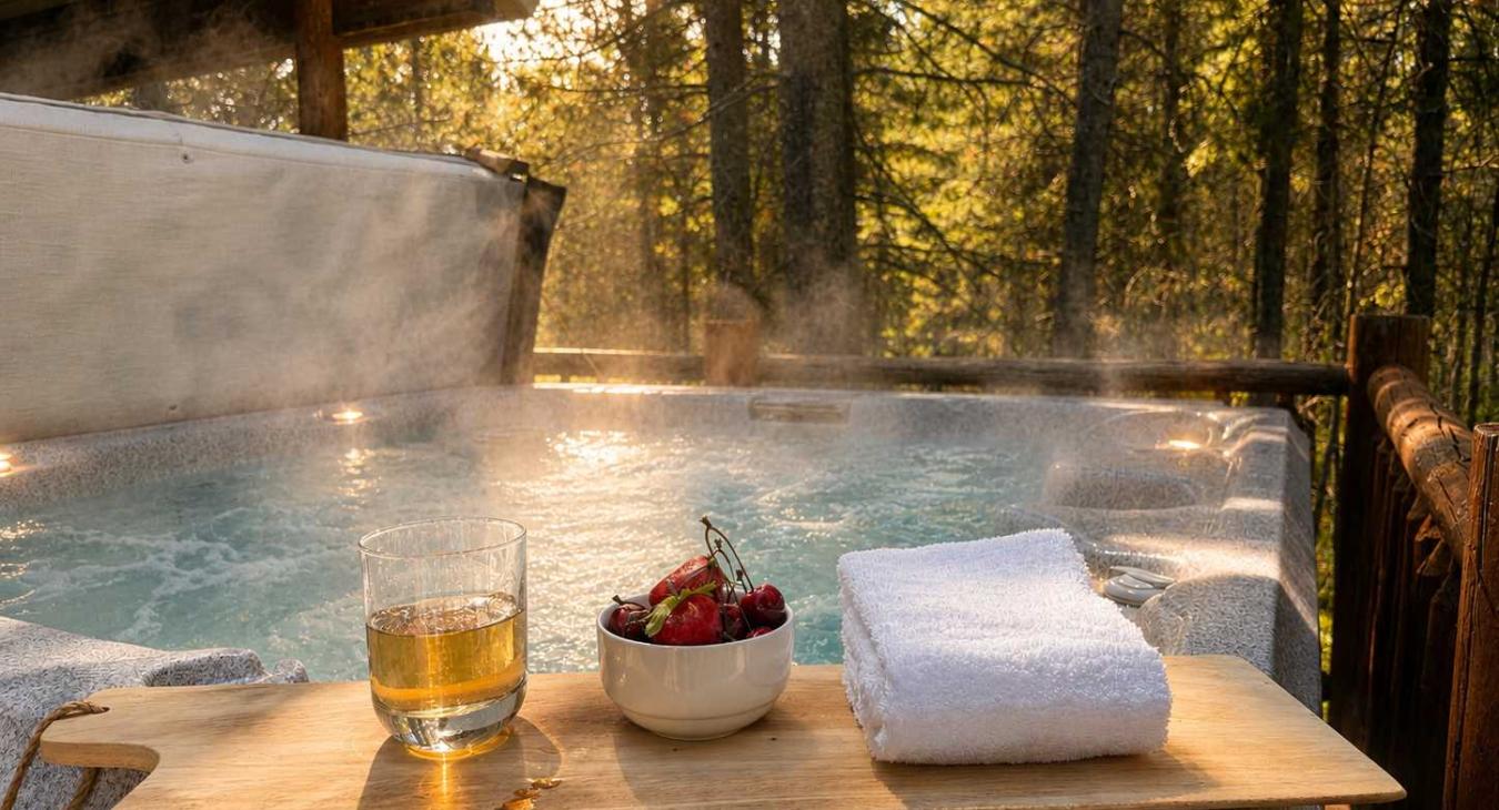 Relax in the hot tub on a misty rainy day.