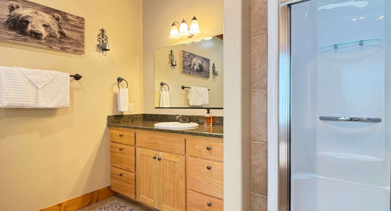The spacious master bathroom features a beautiful wooden vanity, large mirror, toilet, and a clean, modern walk-in shower.
