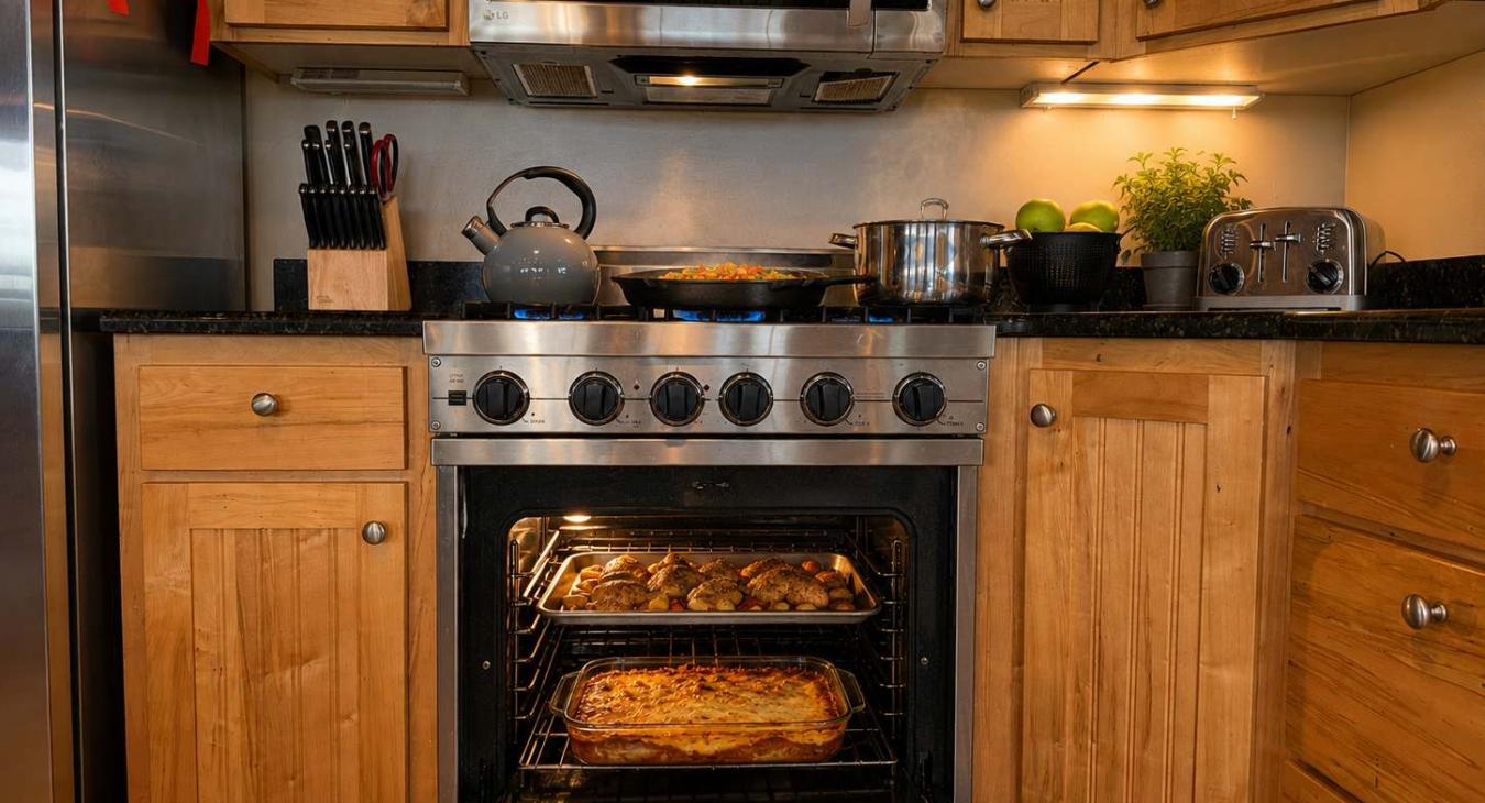 A chef's dream! The premium stainless steel oven and stovetop make it easy to whip up delicious, large meals for the whole family.
