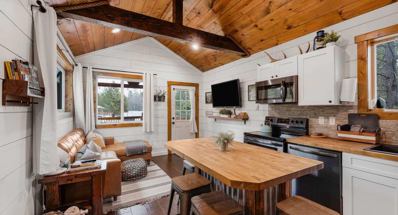 Open great room area with the kitchen and living room.