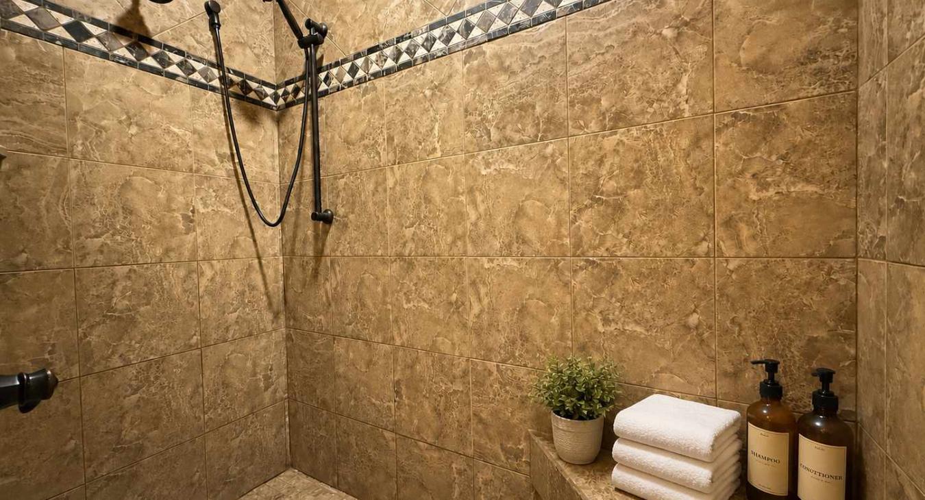 Step into the luxurious master ensuite shower, beautifully designed with premium tiling, dual shower heads, and built-in bench seating.