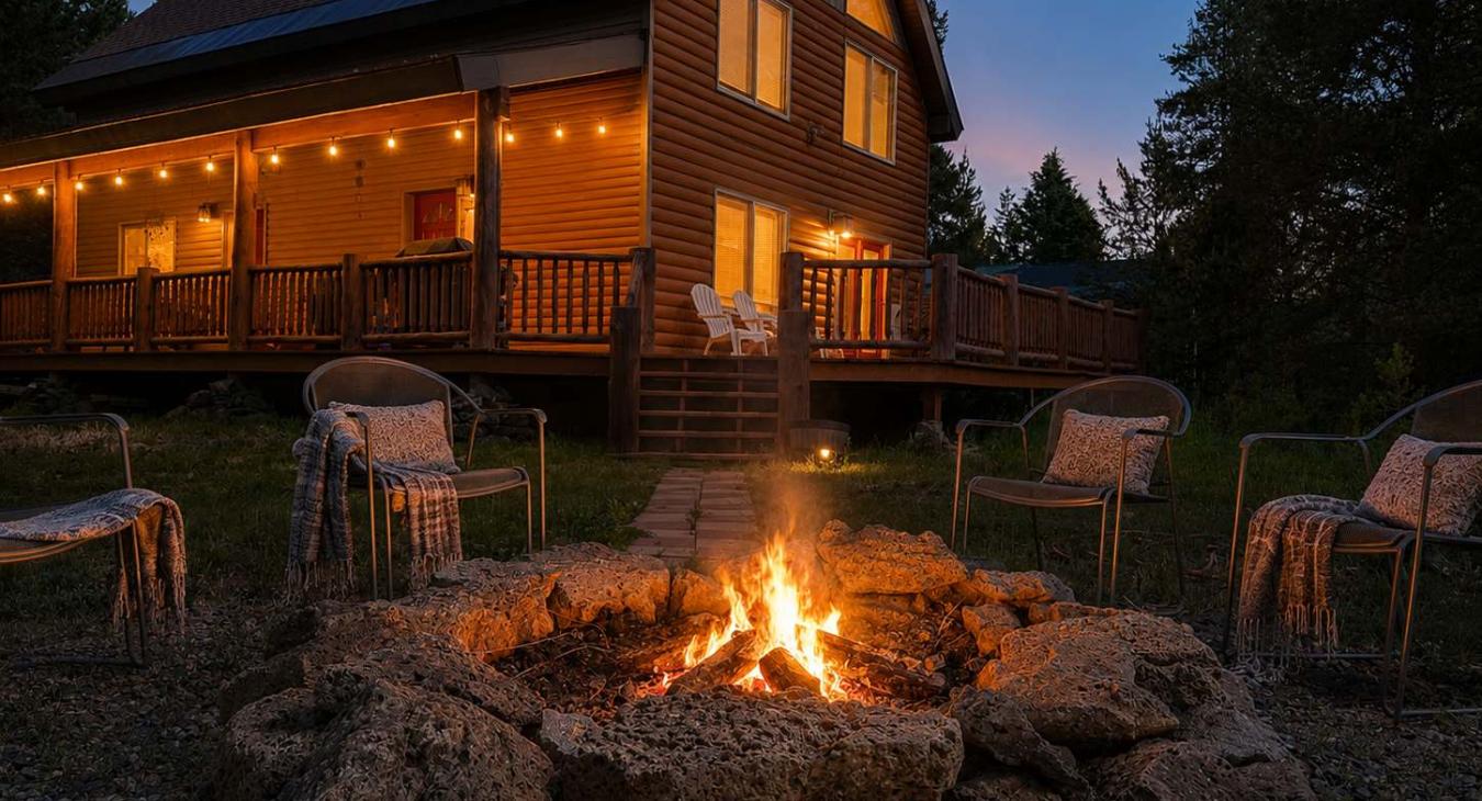 Gather under the stars around the grand stone fire pit, beautifully set against the warm, glowing backdrop of the log cabin and string-lit wrap-around deck.