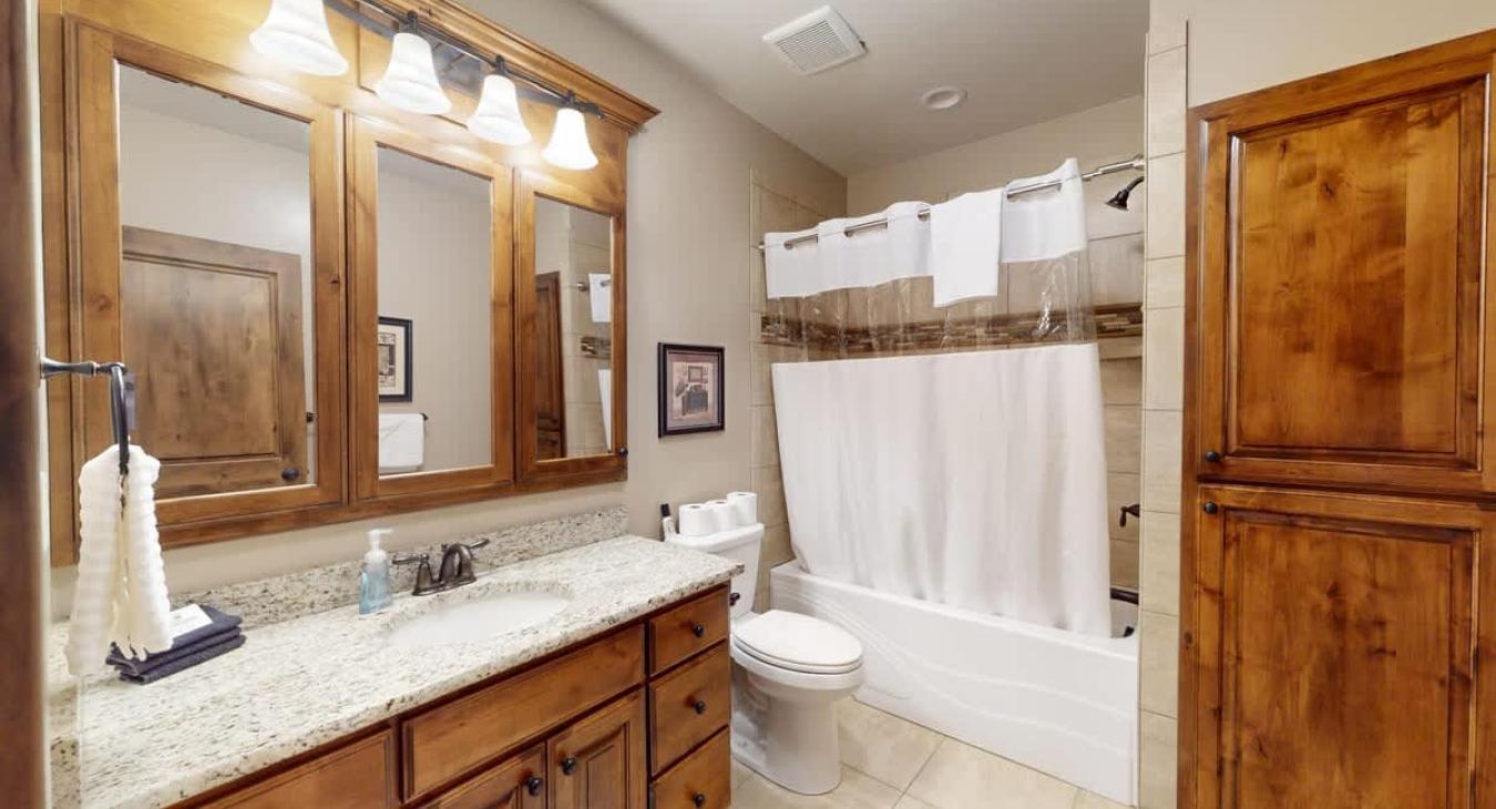 Basement shared bathroom with shower tub combo, toilet, and sink vanity.