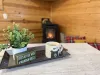 Enjoy a cup of coffee by the fire.