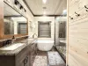 Beautiful shared master bathroom with a large tiled walk in shower and soaker tub.