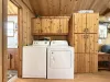 Full size washer and dryer with laundry soap is provided.