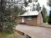 Outside view of the cabin with beautiful pine trees.