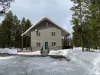 Beautiful cabin that is nestled in the towering pine trees.