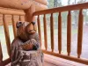 Carved bear on the balcony overlooking driveway