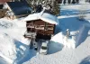 Aerial shot of the cabin in the winter.