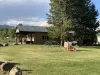 Large grass area and small play set is located adjacent to the cabin.