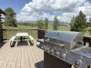 Propane grill and picnic table for outside dining.
