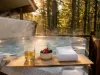 Relax in the hot tub on a misty rainy day.