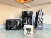 Toaster, drip coffee maker and knife block.