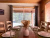 Dining table with seating for up to 8 people with 6 additional seats at the kitchen island.